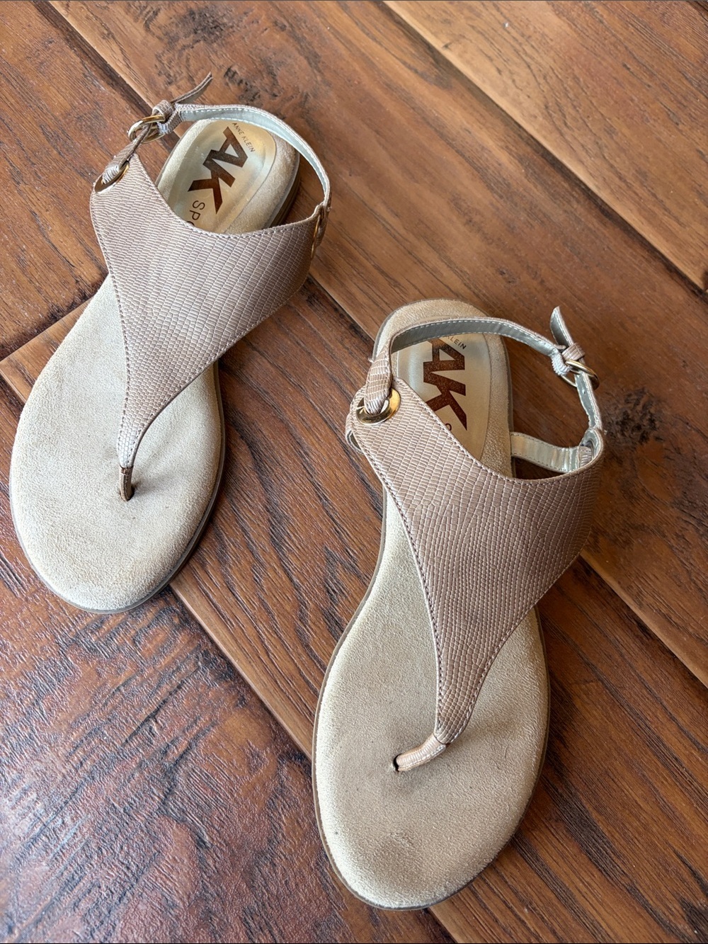 Anne Klein Taupe Strappy Thong Sandals with Gold Accent - Size 8